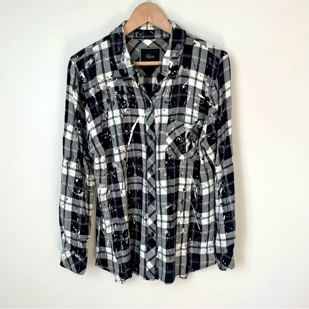 Rails Hunter Plaid Button Up Shirt in White and Black Plaid Paint Splatter
